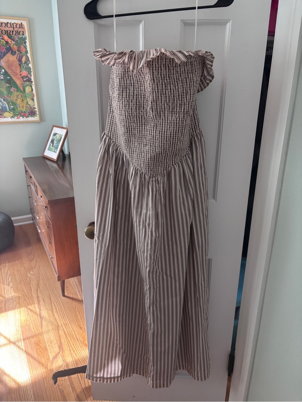 Abercrombie & Fitch Sydney Smocked Top Dip Waist Brown Stripe Midi Dress - Picture 4 of 7
